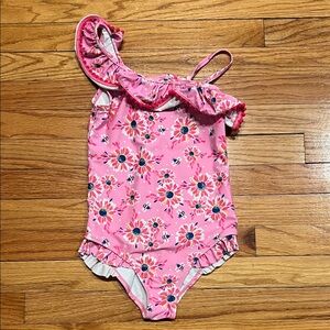 Pink Floral & Bee Pattern One-Piece Asymmetrical Swimsuit w Ruffles & Pom Poms
